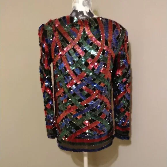 Lord & Taylor Vintage Sequin Top Blue, Red, Green, Silver, on Black silk, M - Picture 5 of 7